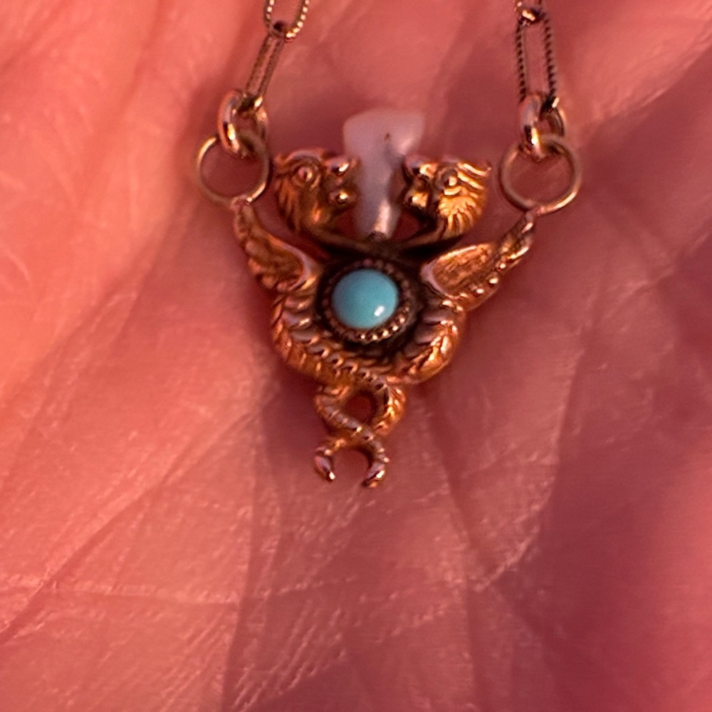 Antique Caduceus Necklace Turquoise Pearl Gold - Picture 3 of 7